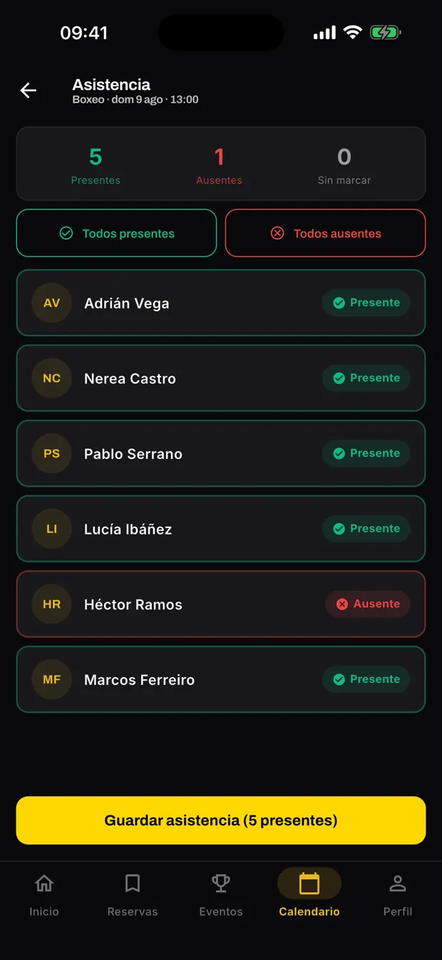 Lista de asistencia de una clase en la app de XFight