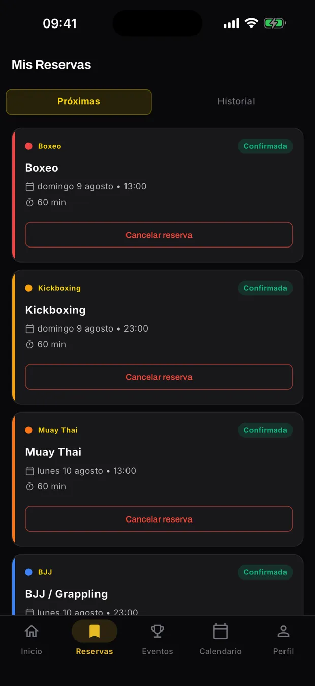 Pantalla de reserva de una clase en la app de XFight